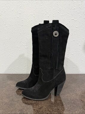 Reba Black Suede Western Tassel Boots Size 6.5